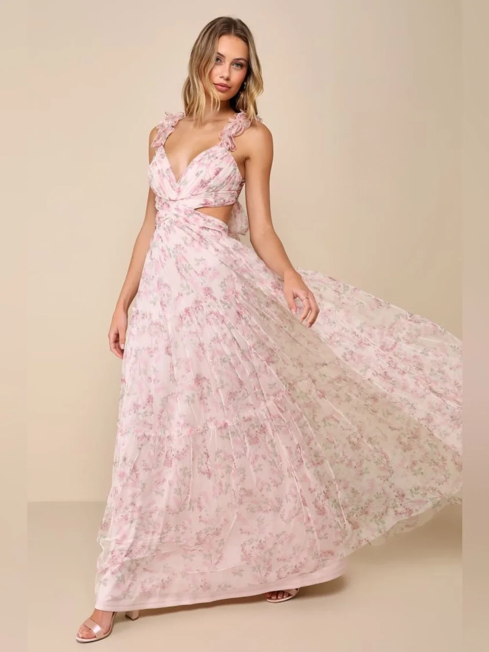Lulus Ethereal Love Blush Floral Pleated Tiered Tie-Back Maxi Dress